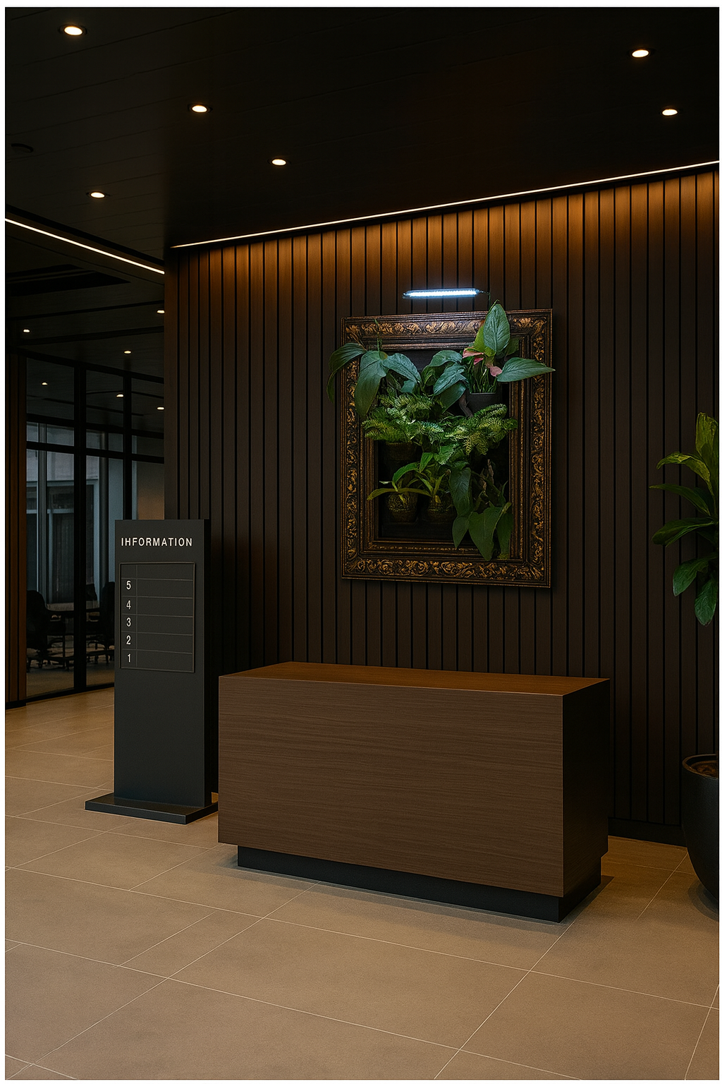 Modern interior with a wooden reception desk and decorative plant wall art.